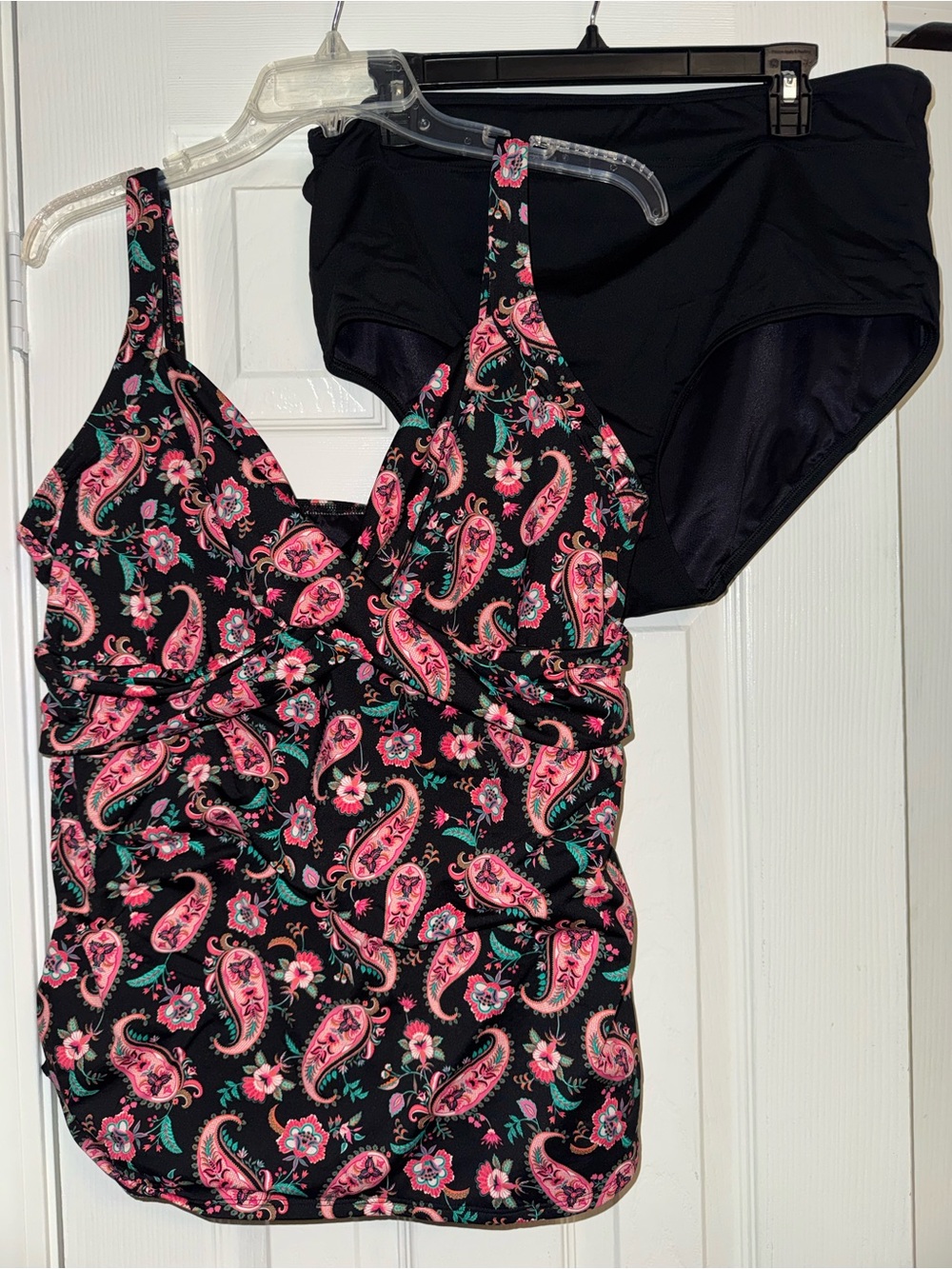 Lands' End Black Paisley Tankini with Pink & Teal Floral Print and Black Briefs